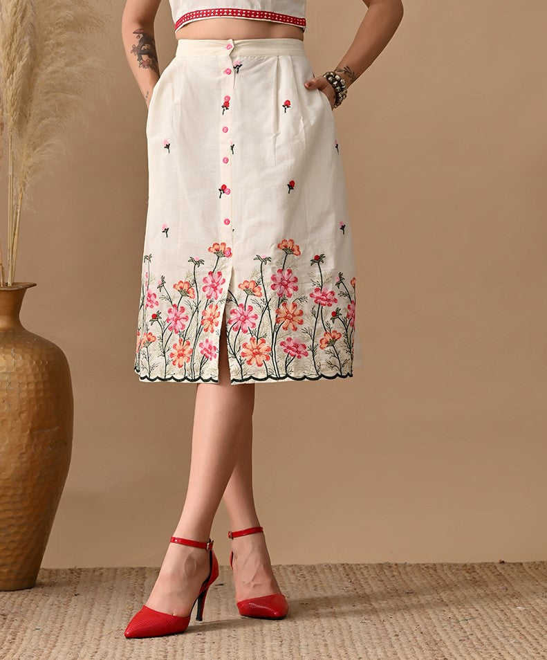 Myshka Women Classy Multi Color Thread Embroidered Pleated A-line Skirt Button closure