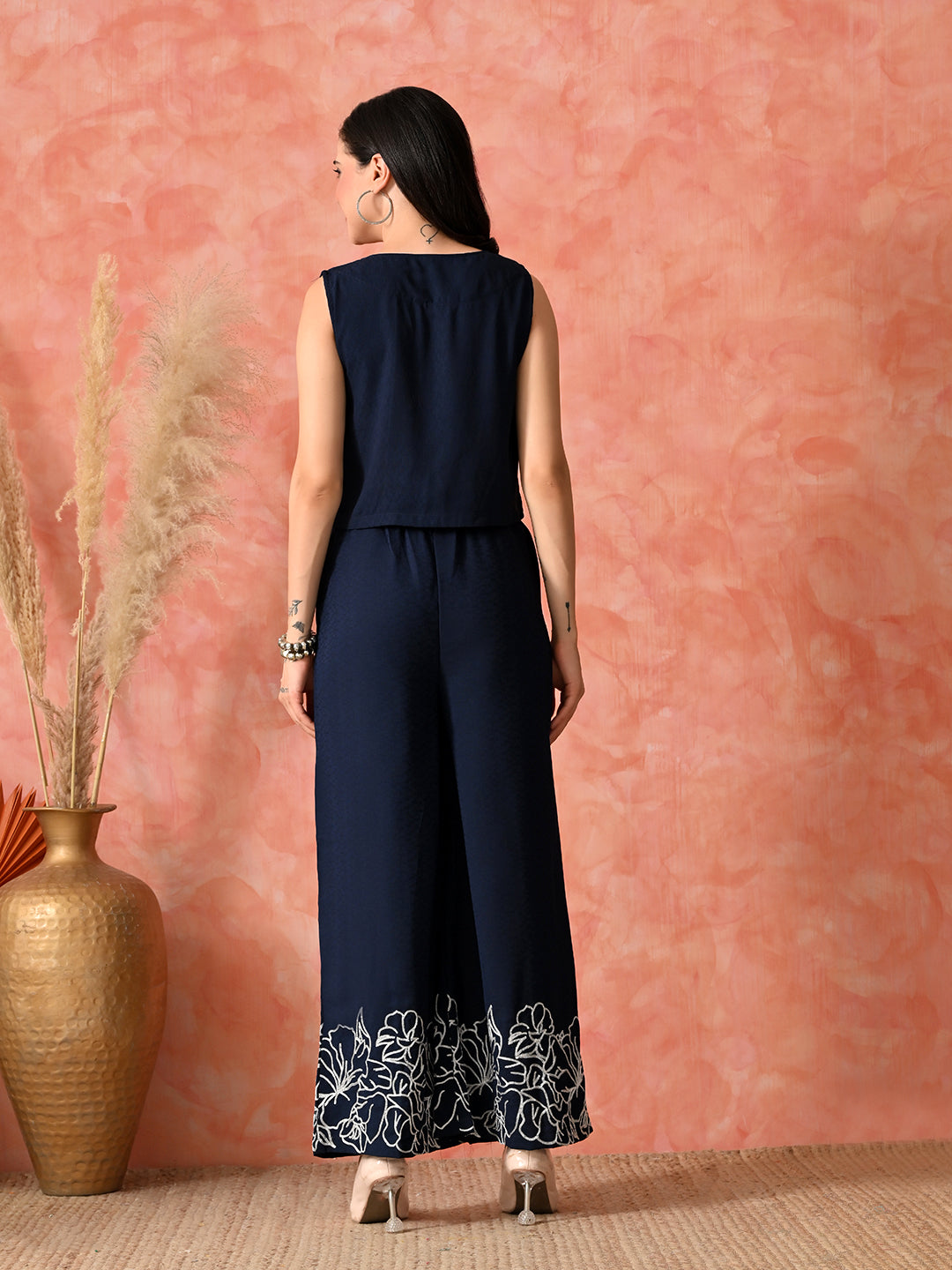 Myshka Women Navy Blue Co-Ords Sleeveless Waistcoat Trouser Polyster Classy look