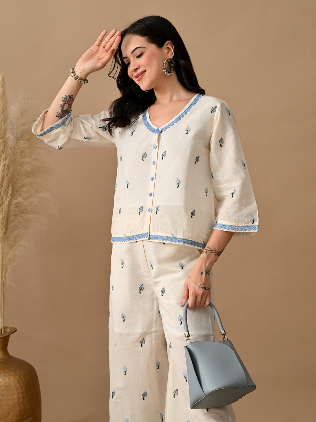 Myshka Women Blue Floral Embroidered & Laced Shirt Trouser Festive