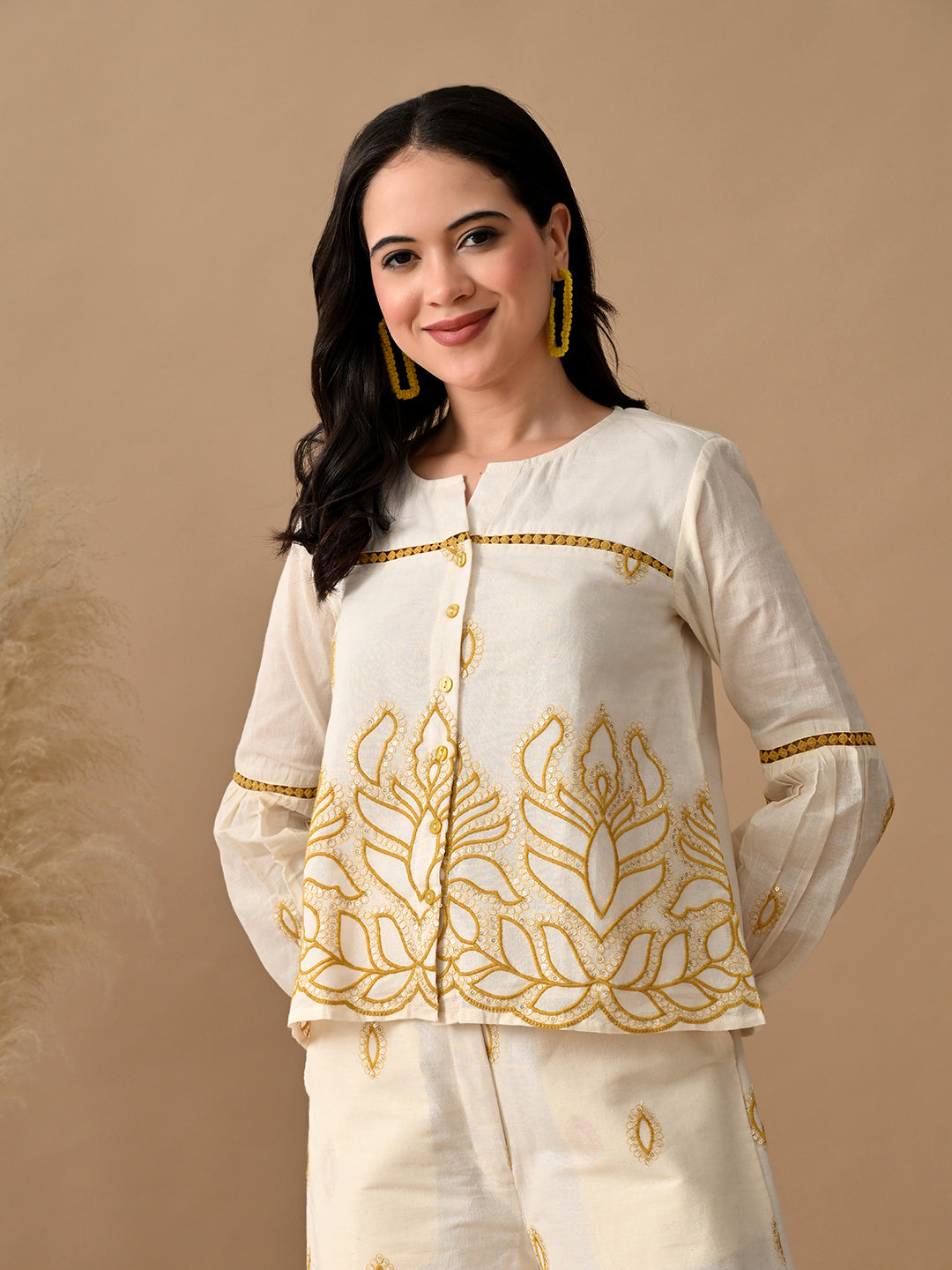 Myshka Women Mustard Yellow Embroidered Ethnic Motif & Laced Shirt Trouser Festive