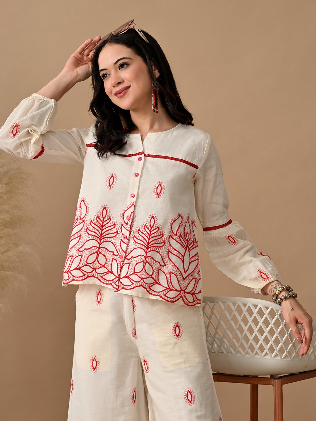 Myshka Women Red Embroidered Ethnic Motif & Laced Shirt Trouser Festive