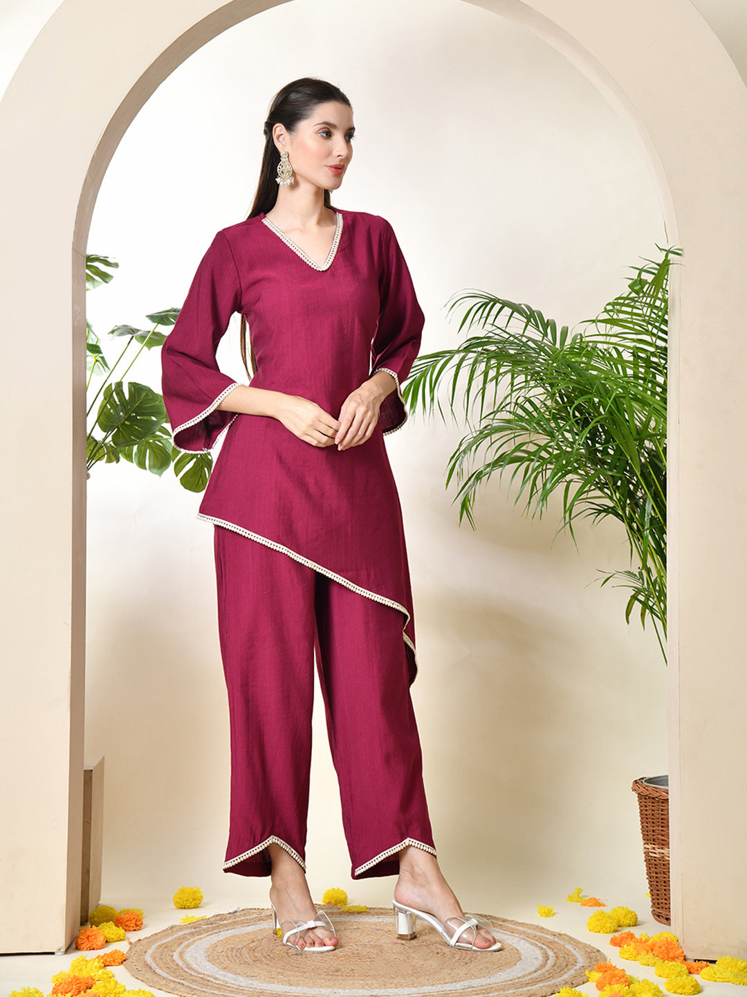 Myshka Women's Wine colour Co-ord set with Lace