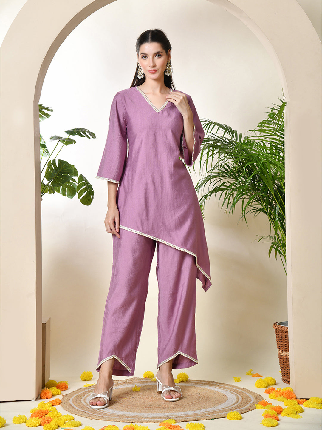 Myshka Women's Lavender colour Co-ord set with Lace