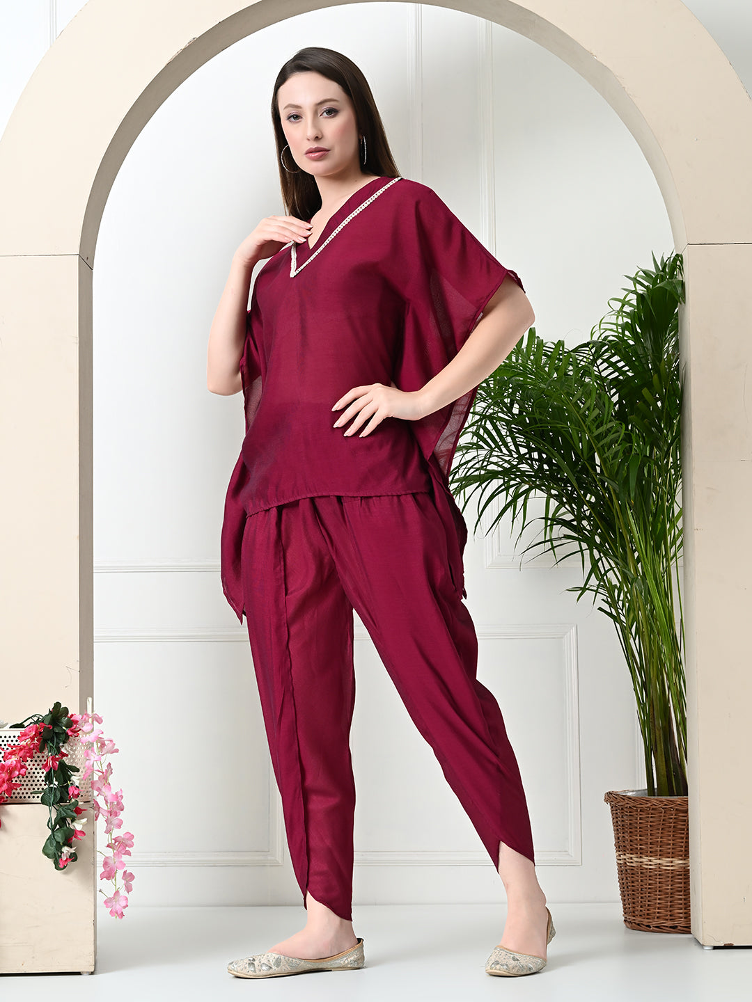 Myshka Women's Wine colour Co-ord set with Lace