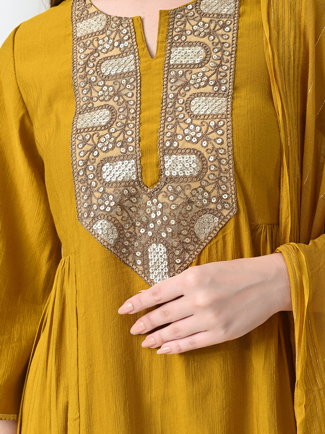 Myshka Women's Embroidered Keyhole Neck Bell Sleeves Kurta & Palazzos With Dupatta Sets in Musterd Colour