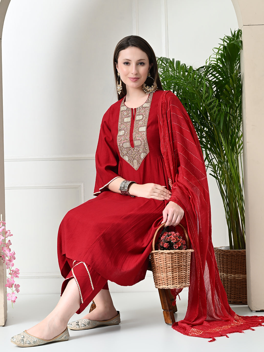 Myshka Women's Embroidered Keyhole Neck Bell Sleeves Kurta & Palazzos With Dupatta Sets in Red Colour