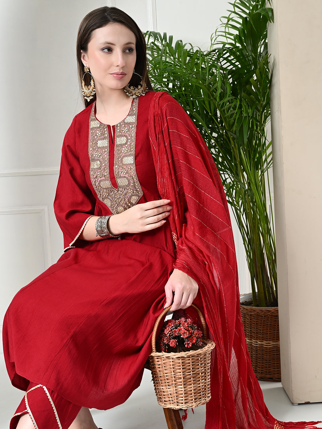 Myshka Women's Embroidered Keyhole Neck Bell Sleeves Kurta & Palazzos With Dupatta Sets in Red Colour