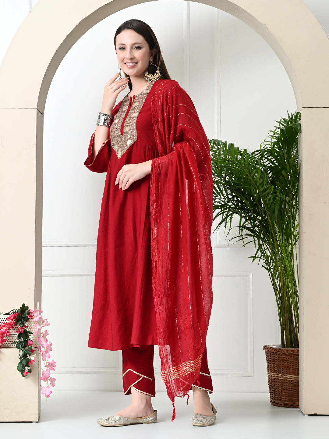 Myshka Women's Embroidered Keyhole Neck Bell Sleeves Kurta & Palazzos With Dupatta Sets in Red Colour