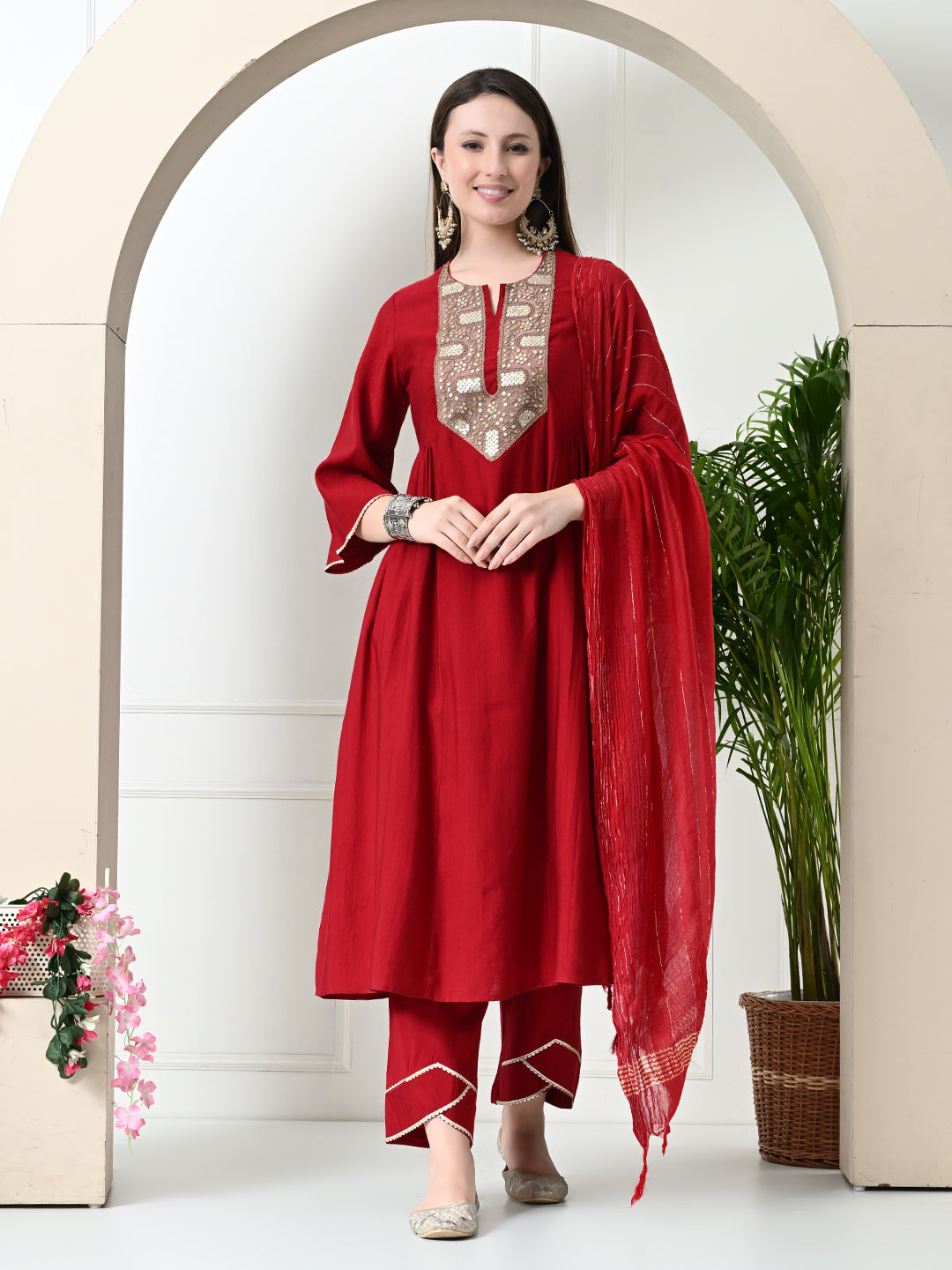 Myshka Women's Embroidered Keyhole Neck Bell Sleeves Kurta & Palazzos With Dupatta Sets in Red Colour