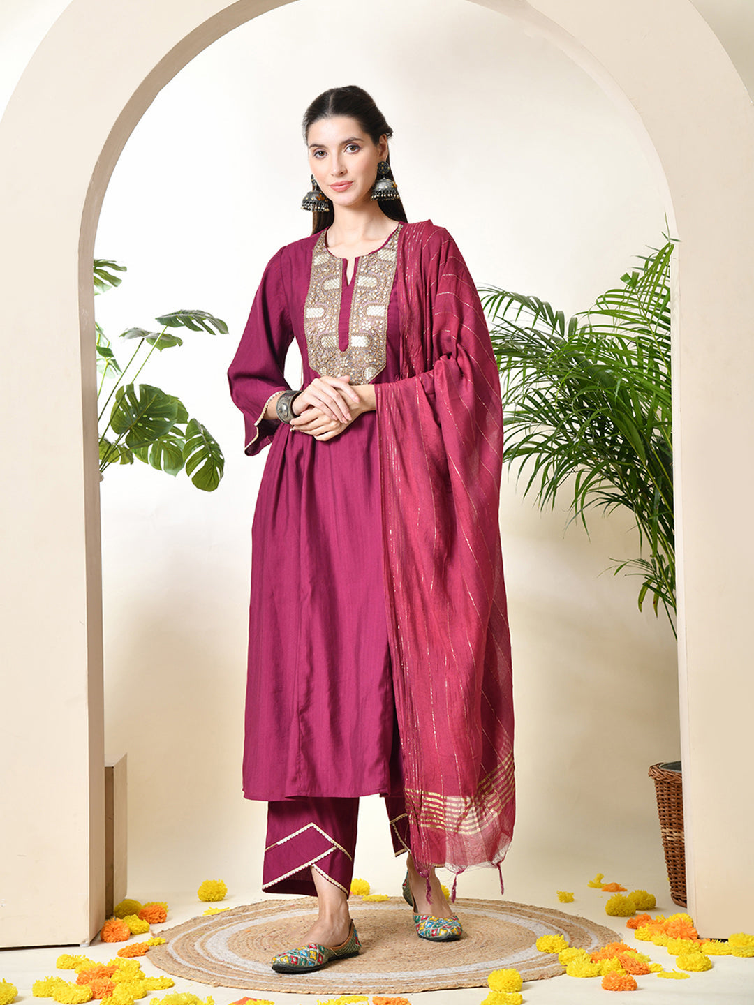 Myshka Women's Embroidered Keyhole Neck Bell Sleeves Kurta & Palazzos With Dupatta Sets in Magenta Colour