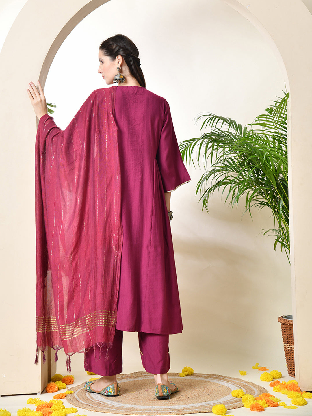 Myshka Women's Embroidered Keyhole Neck Bell Sleeves Kurta & Palazzos With Dupatta Sets in Magenta Colour