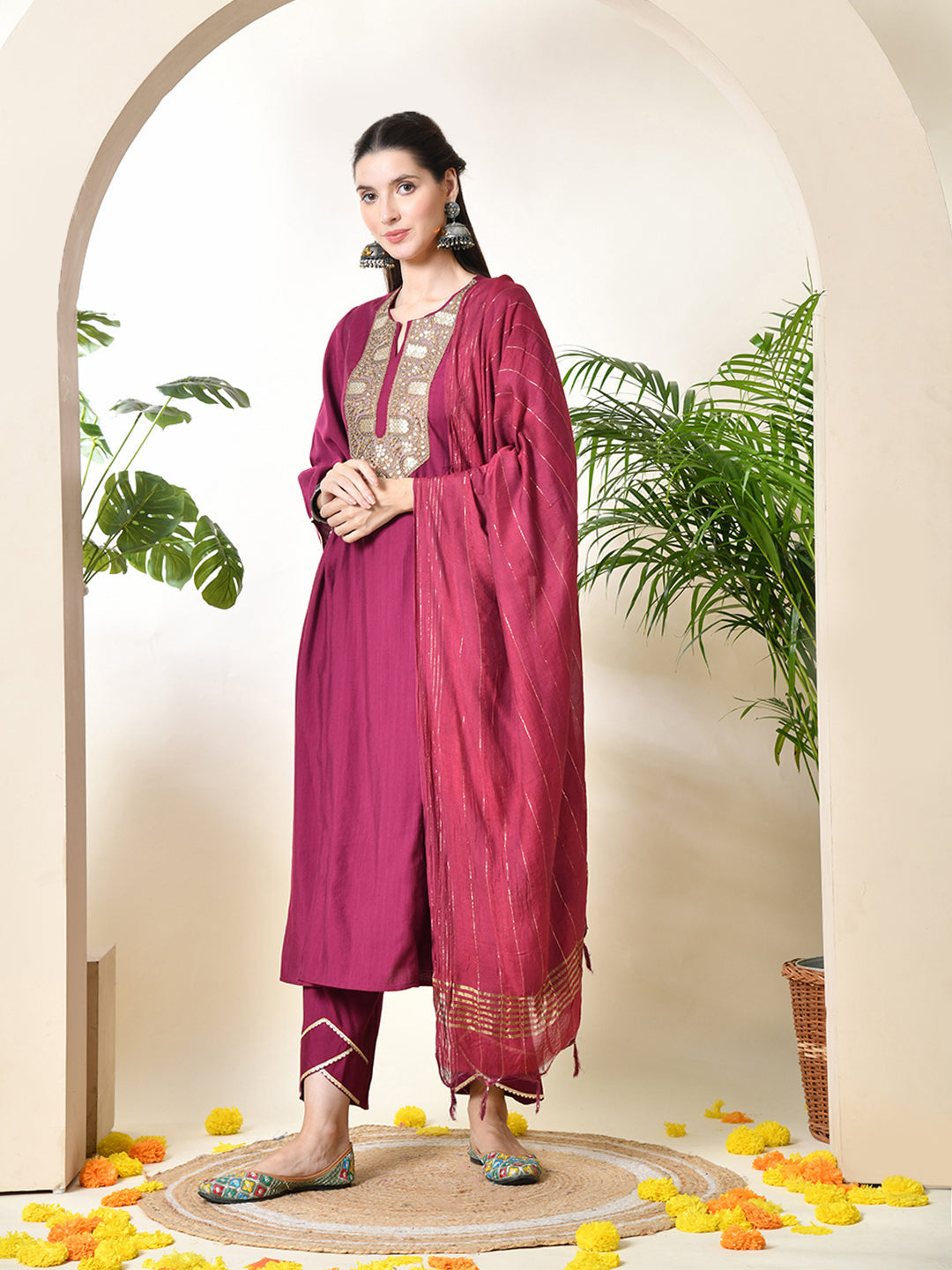 Myshka Women's Embroidered Keyhole Neck Bell Sleeves Kurta & Palazzos With Dupatta Sets in Magenta Colour