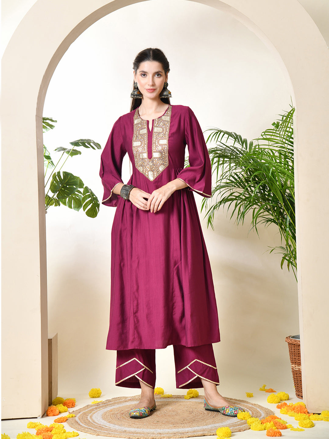 Myshka Women's Embroidered Keyhole Neck Bell Sleeves Kurta & Palazzos With Dupatta Sets in Magenta Colour