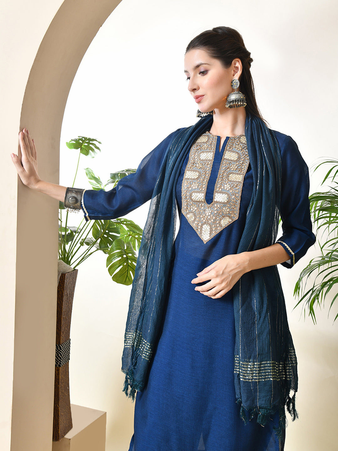 Myshka Women's Embroidered Keyhole Neck Bell Sleeves Kurta & Palazzos With Dupatta Sets in Navy Blue Colour
