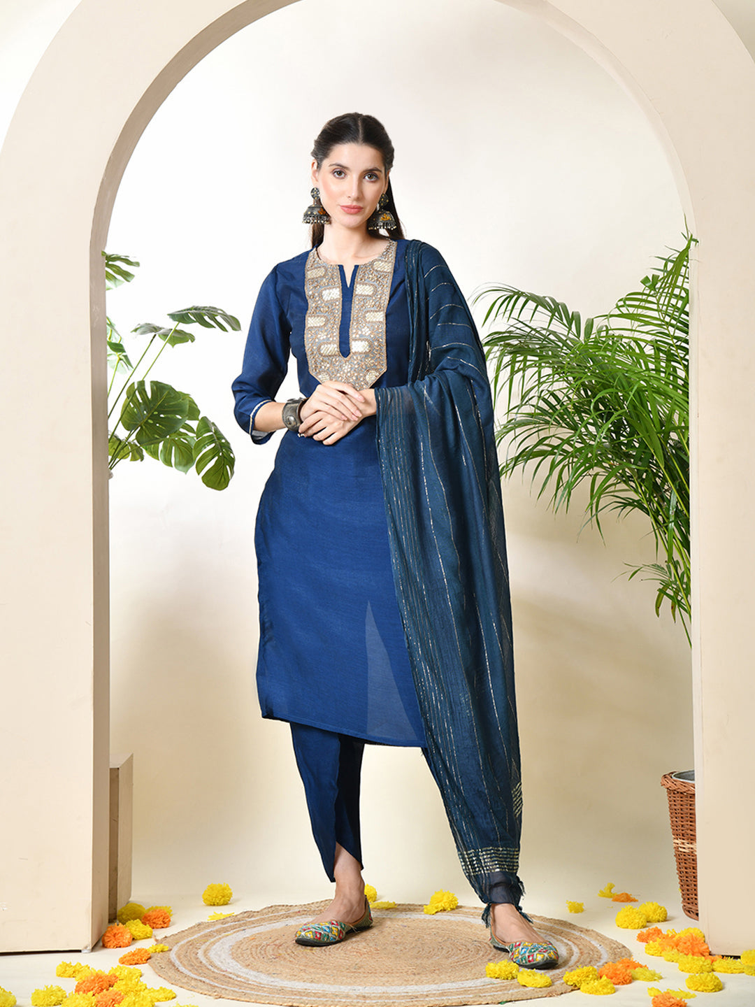 Myshka Women's Embroidered Keyhole Neck Bell Sleeves Kurta & Palazzos With Dupatta Sets in Navy Blue Colour