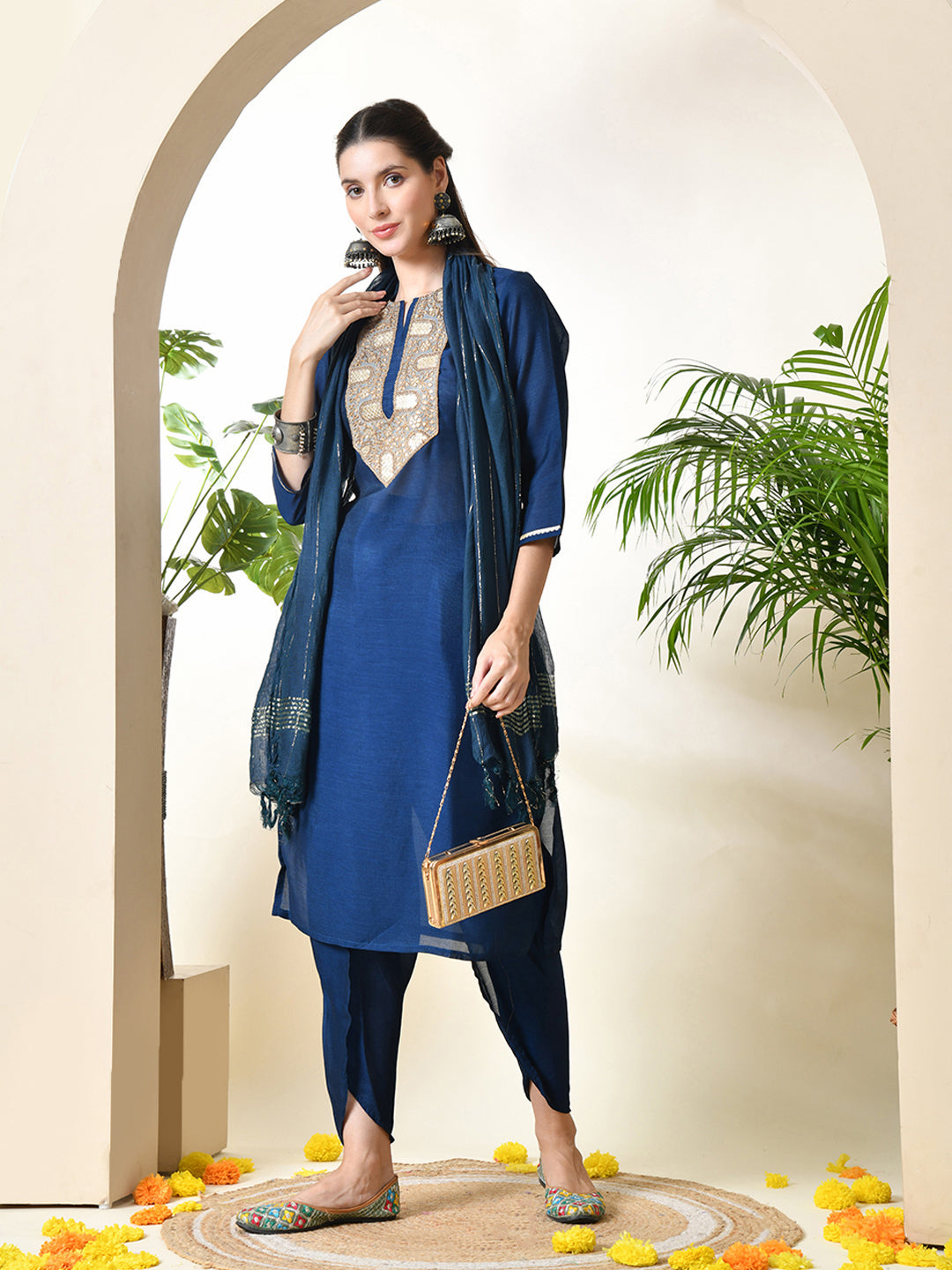 Myshka Women's Embroidered Keyhole Neck Bell Sleeves Kurta & Palazzos With Dupatta Sets in Navy Blue Colour