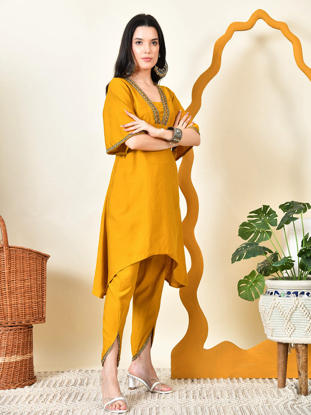Myshka Women's Musterd Solid V-Neck Bell Sleeves Kurta & Dhoti Pants