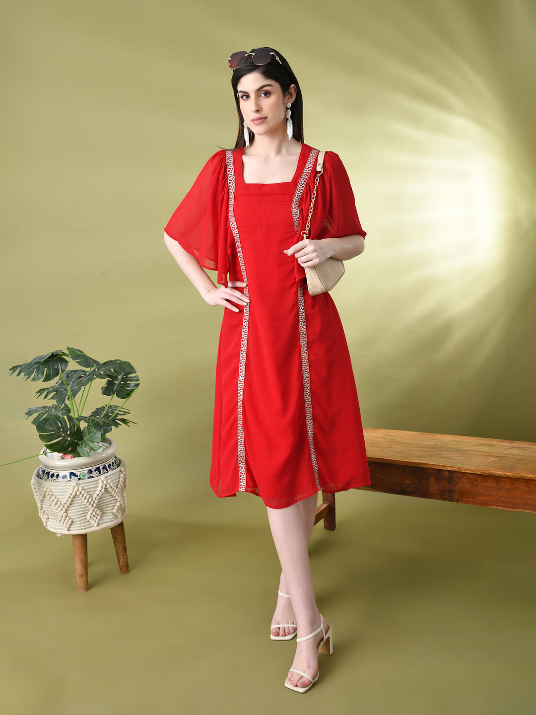 Myshka Women's Red Solid Georgette Dress