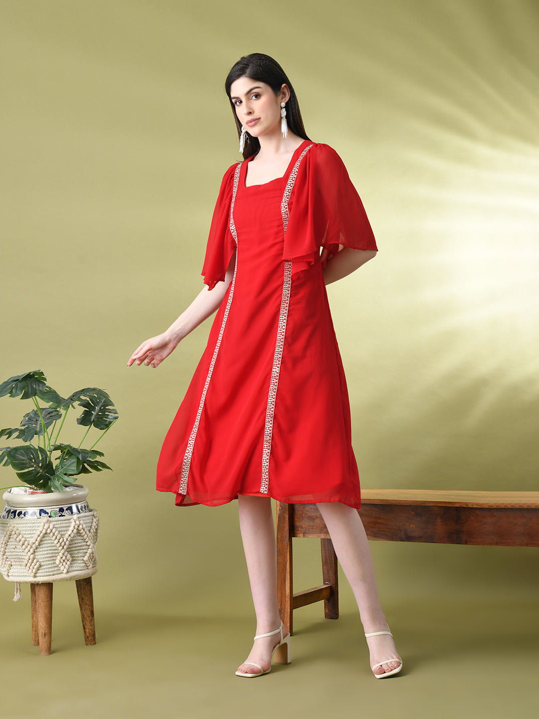 Myshka Women's Red Solid Georgette Dress