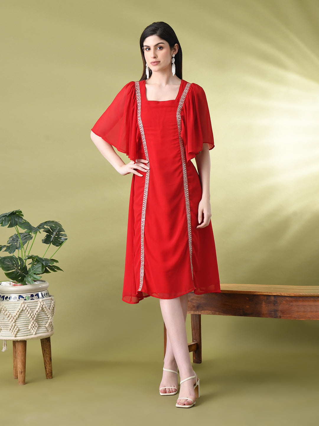 Myshka Women's Red Solid Georgette Dress