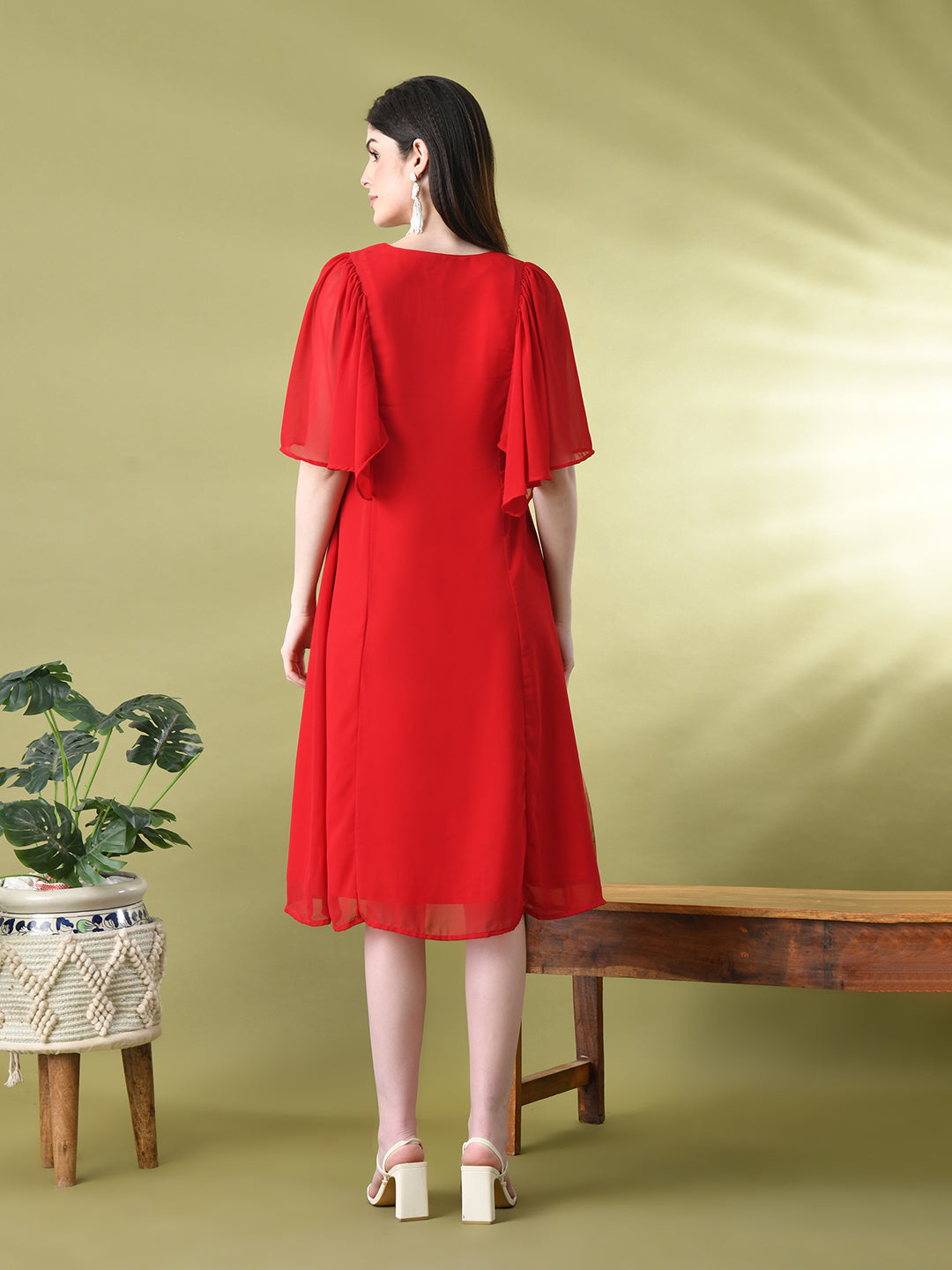 Myshka Women's Red Solid Georgette Dress