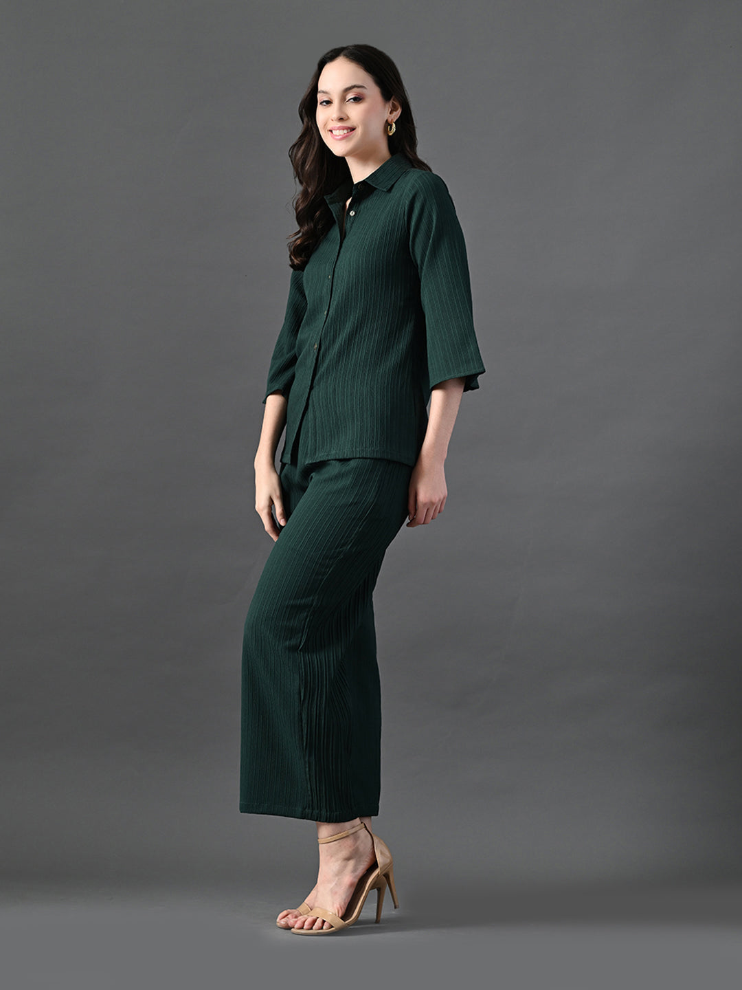 Myshka Women's Green Pleated Co-Ord Set