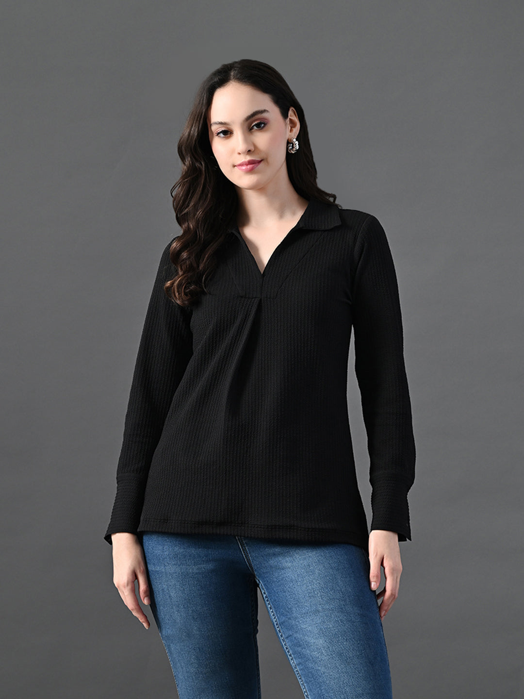 Myshka Women's Classic Black V-Neck Full Sleeve Top For Daily Wear