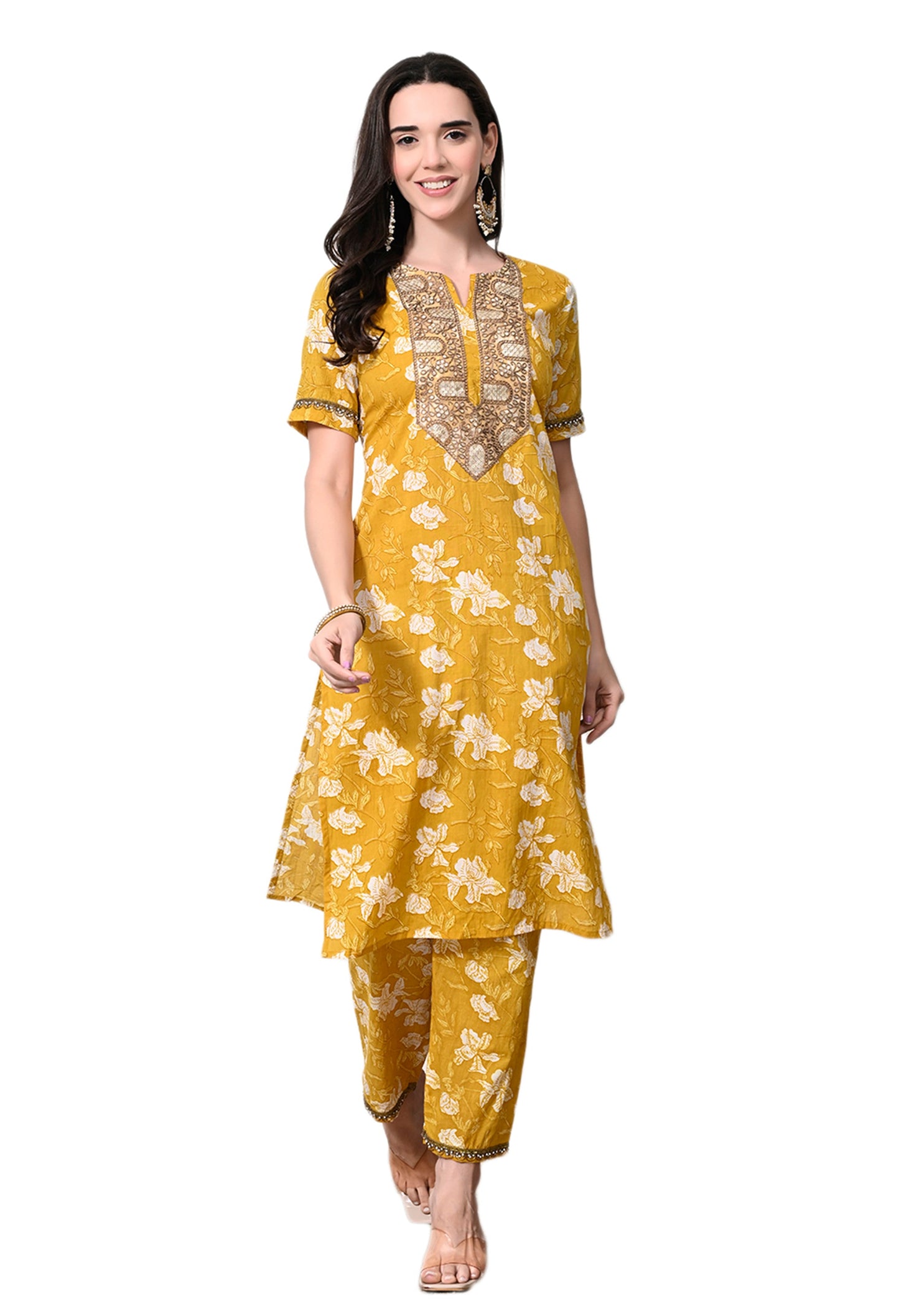 Myshka Women's Cotton Yellow Printed Kurta Set