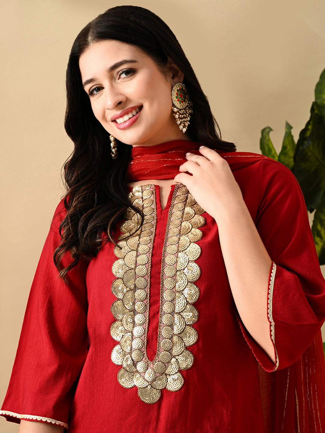 Myshka Women's Embroidered Keyhole Neck Bell Sleeves Kurta & Palazzos Set With Dupattas In Red Colour