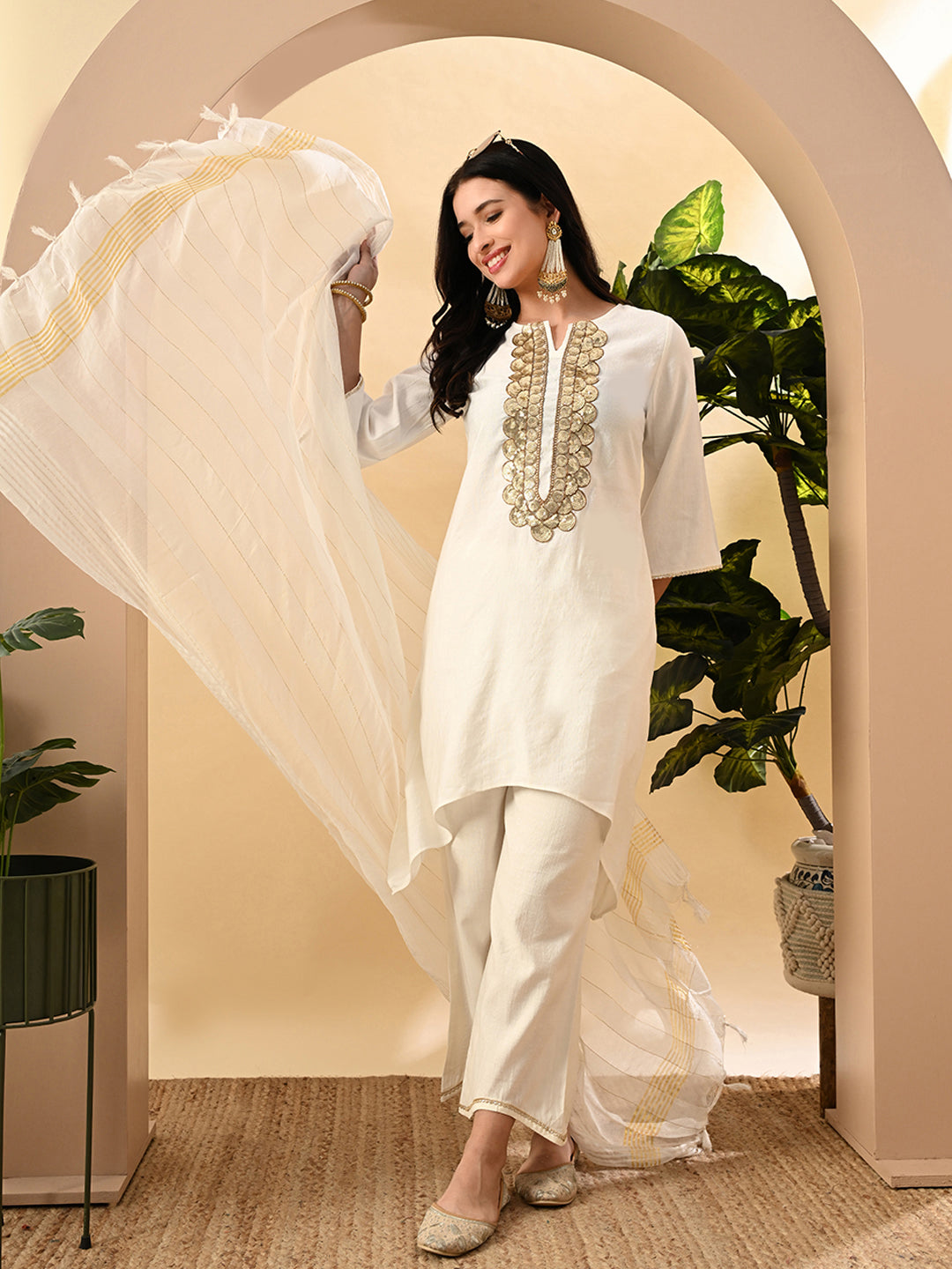 Myshka Women's Embroidered Keyhole Neck Bell Sleeves Kurta & Palazzos Set With Dupattas In White Colour