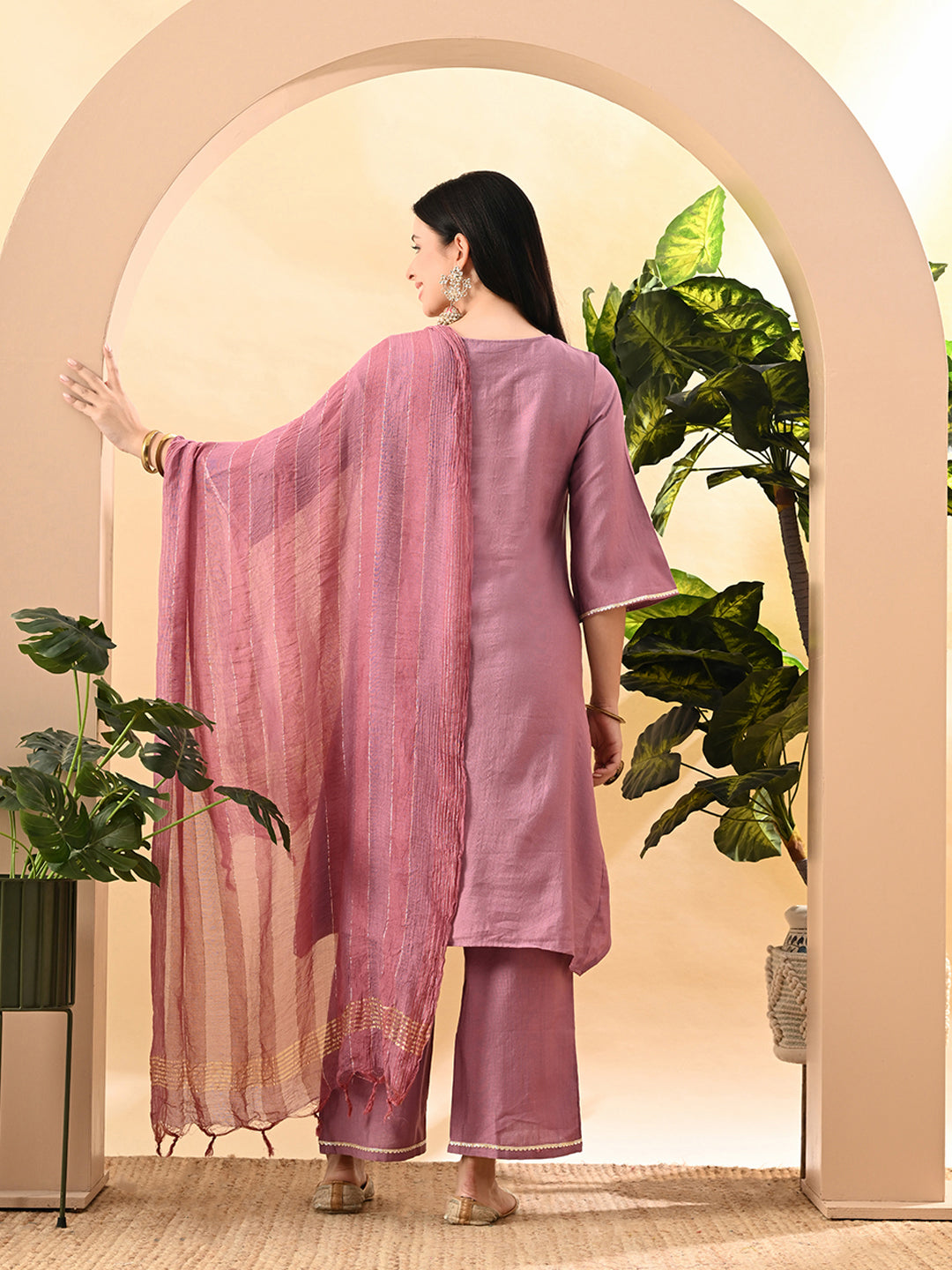 Myshka Women's Embroidered Keyhole Neck Bell Sleeves Kurta & Palazzos Set With Dupattas In Lavender Colour