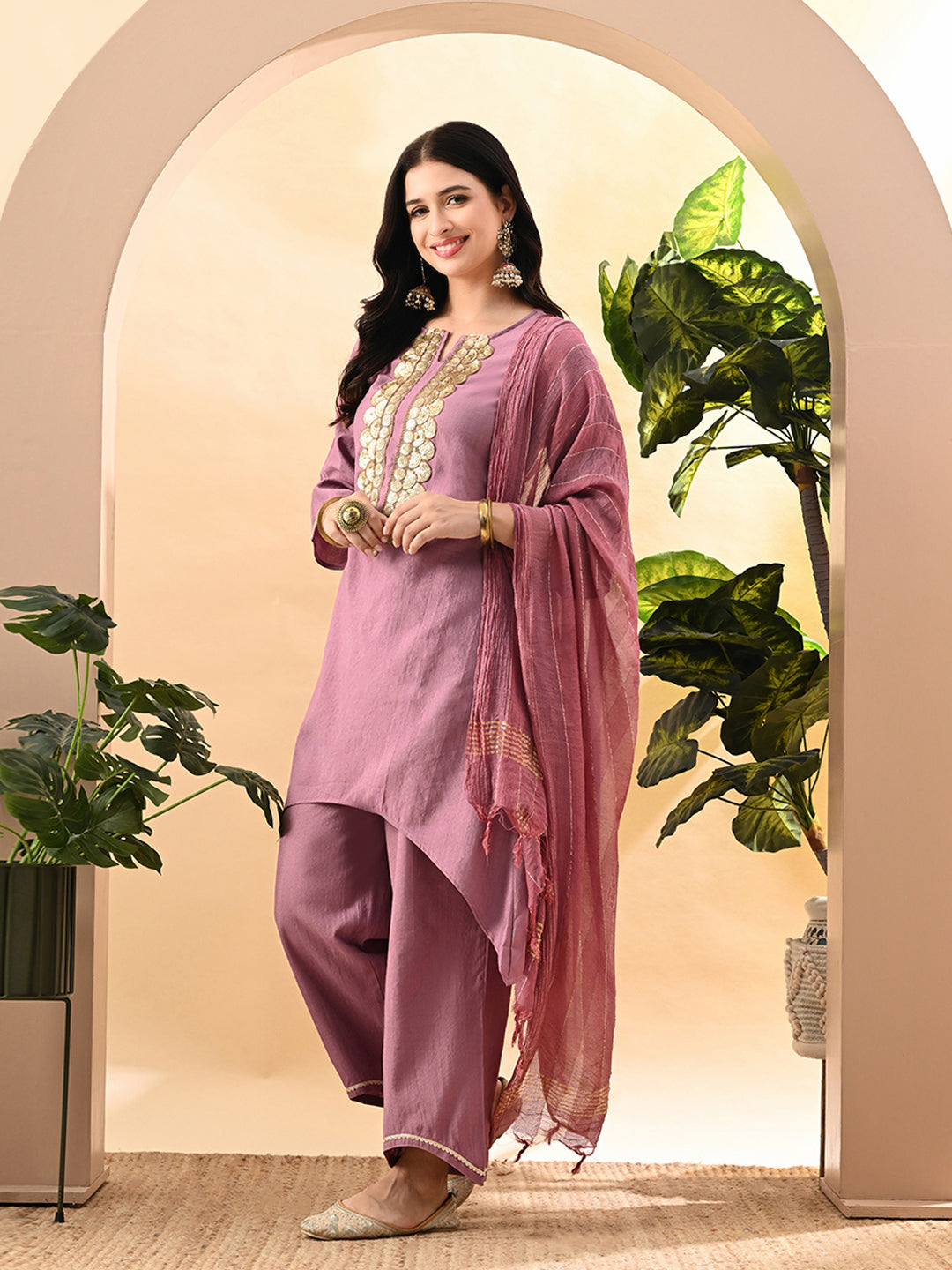 Myshka Women's Embroidered Keyhole Neck Bell Sleeves Kurta & Palazzos Set With Dupattas In Lavender Colour