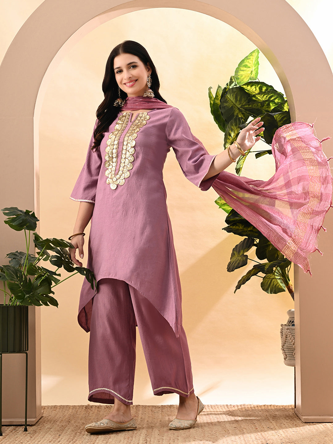 Myshka Women's Embroidered Keyhole Neck Bell Sleeves Kurta & Palazzos Set With Dupattas In Lavender Colour