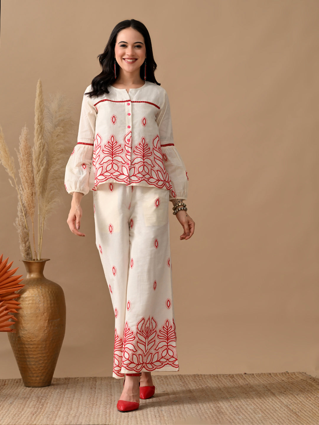 Myshka Women Red Embroidered Ethnic Motif & Laced Shirt Trouser Festive