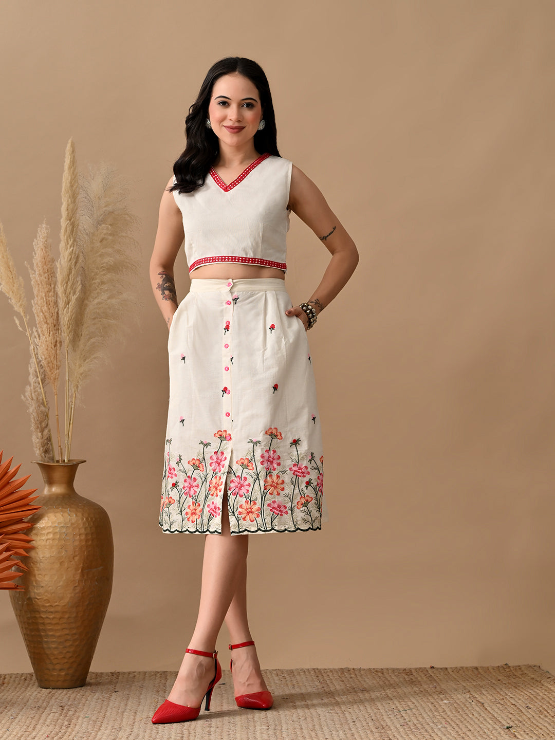 Myshka Women Multi Color Thread Floral Embroidered & Laced Sleeveless Top Pleated Skirt Fusion Wear