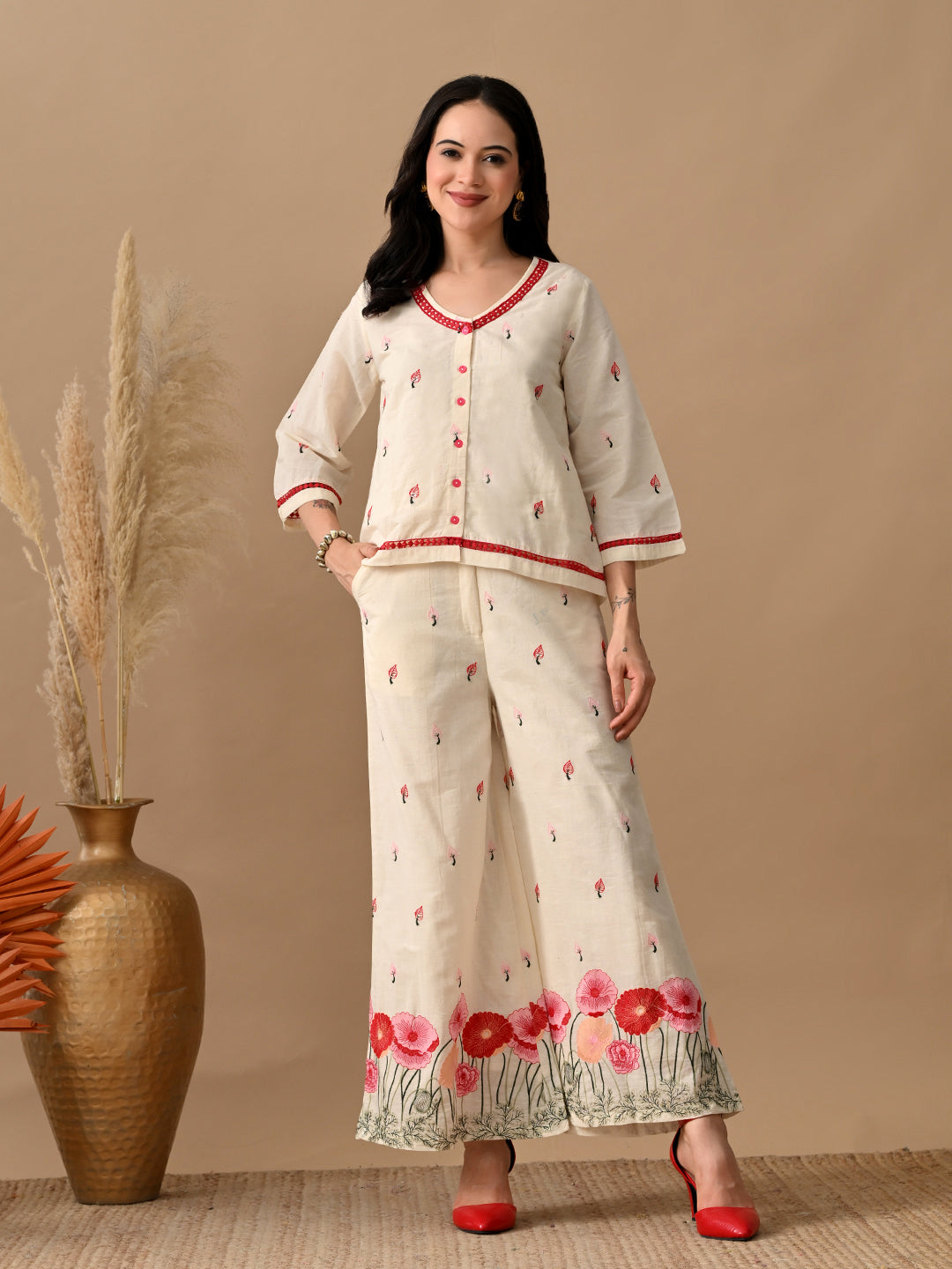 Myshka Women Multi Color Thread Floral Embroidered & Laced Shirt Trouser Festive