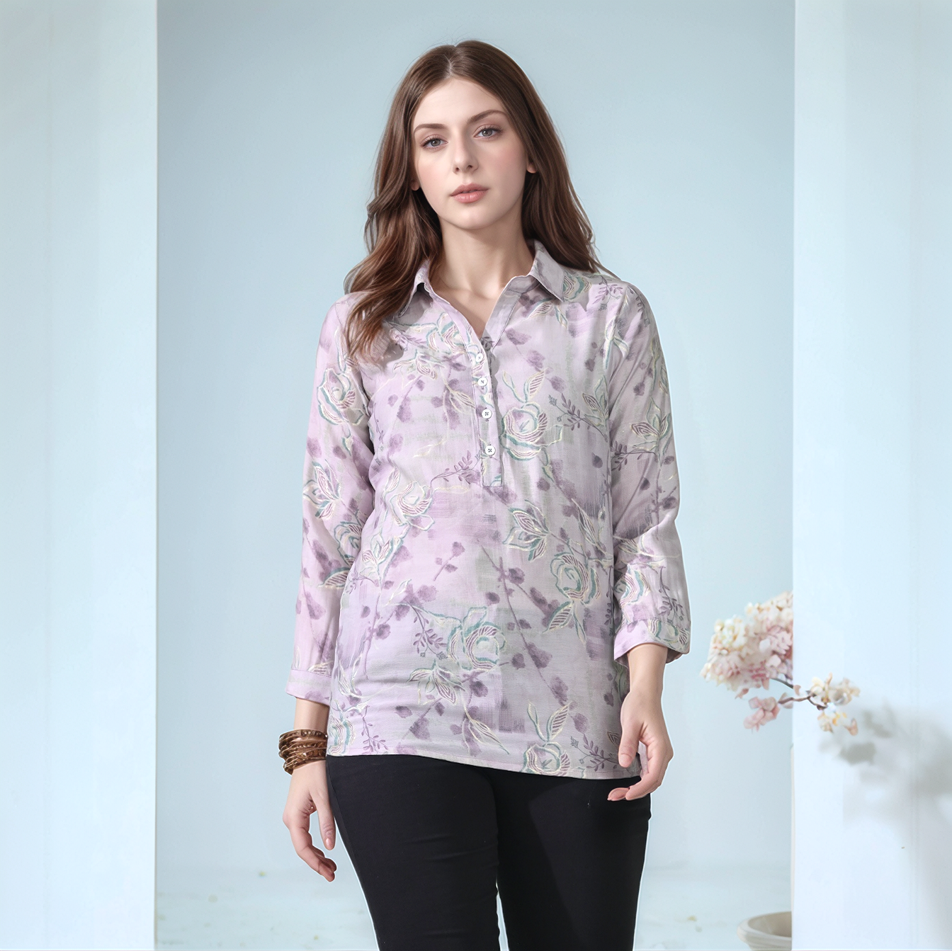 Myshka Women Causal Printed Shirt Style Embroidered Top Lavender Color
