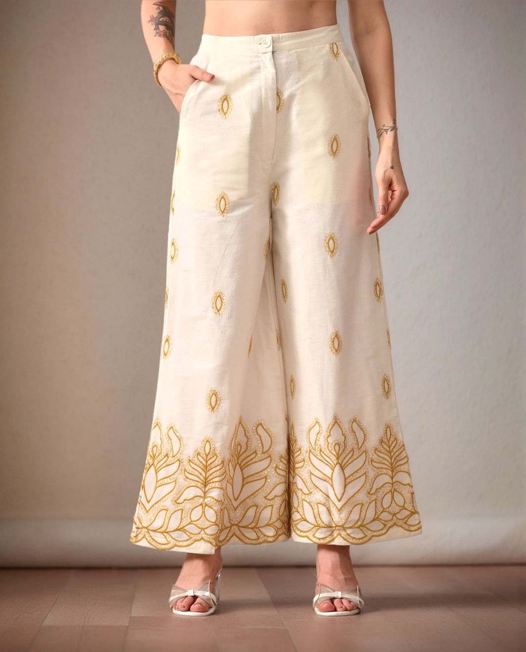 Myshka Women Mustard Yellow Ethnic Motif Embroidered Flared Trouser