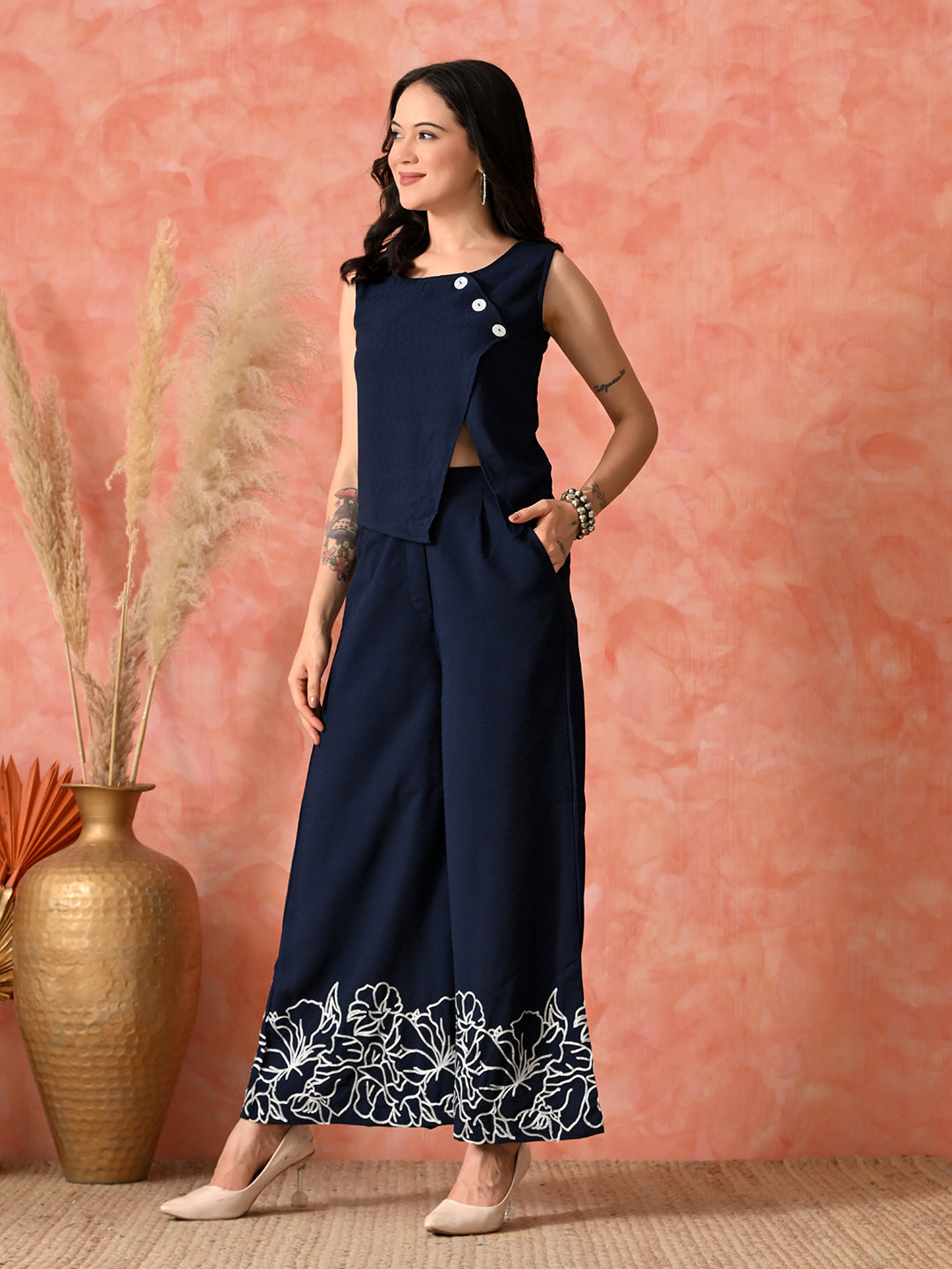 Myshka Women Navy Blue Co-Ords Sleeveless Waistcoat Trouser Polyster Classy look