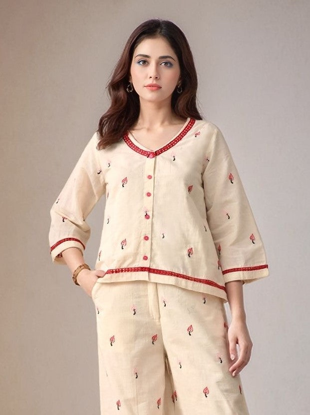 Myshka Women Red Embroidered Laced Shirt Three-Quarter Sleeves
