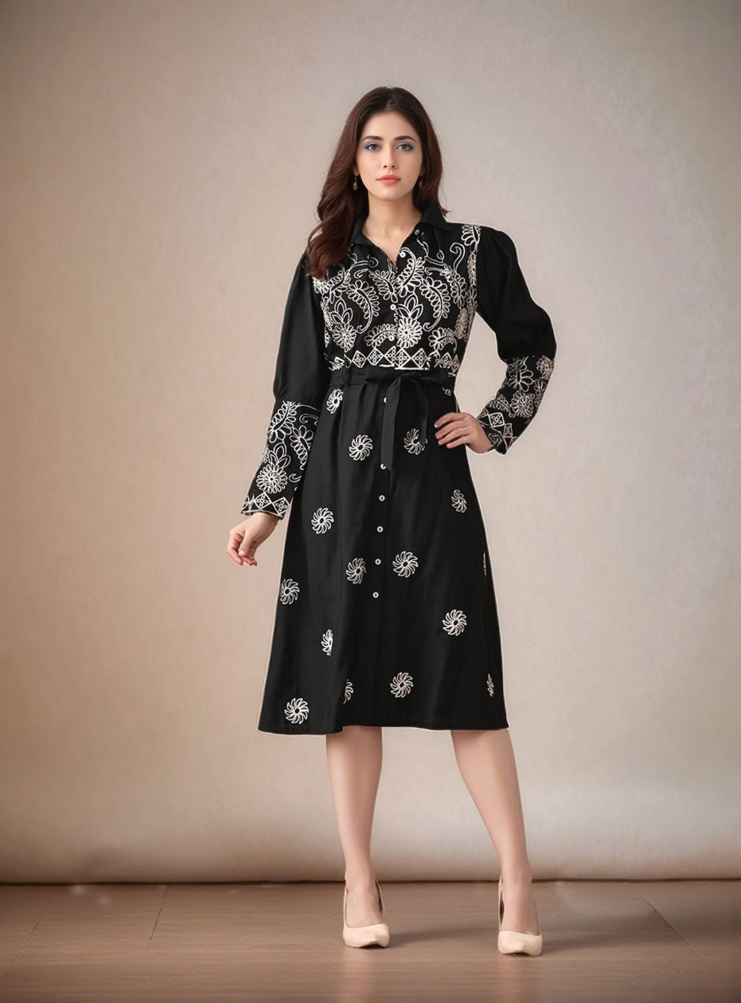 Myshka Women Black Embroidered Shirt Dress Trendy Full Sleeves