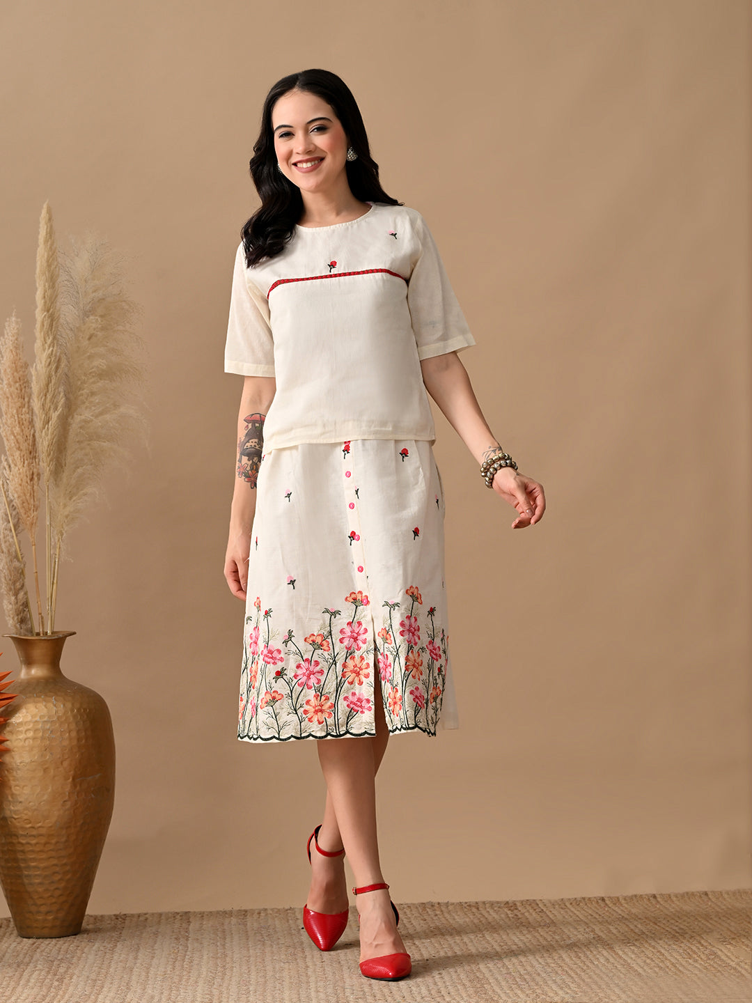 Myshka Women Multi Color Thread Embroidered Self Design Top Pleated Skirt Fusion Wear