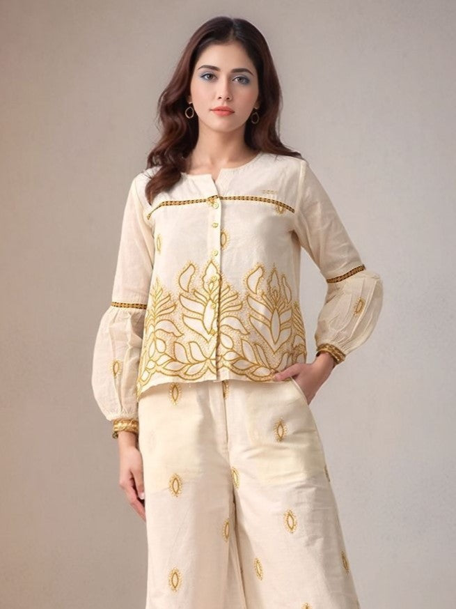 Myshka Women Mustard Yellow Embroidered Ethnic Motif Shirt Puffed Sleeve