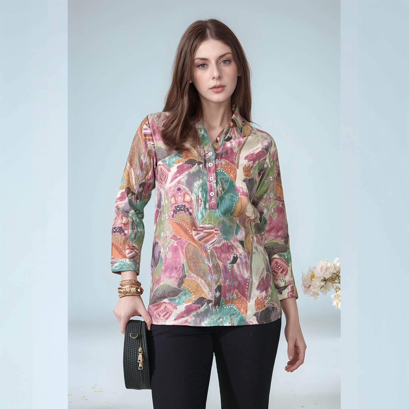 Myshka Women Causal Printed Shirt Style Embroidered Top Multi Color