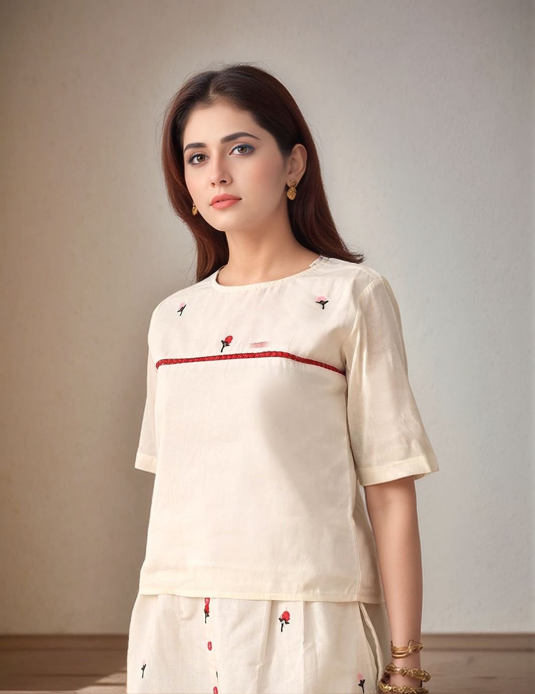 Myshka Women Off-White Self Design Top Short Sleeves
