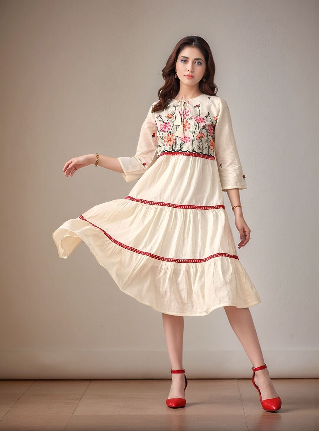 Myshka Women Multi Color Thread Embroidered Laced Tired Dress Regular Sleeves