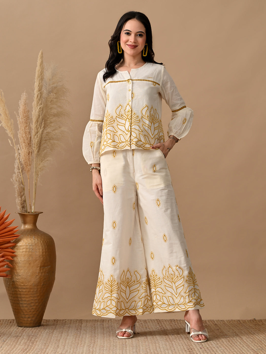 Myshka Women Mustard Yellow Embroidered Ethnic Motif & Laced Shirt Trouser Festive