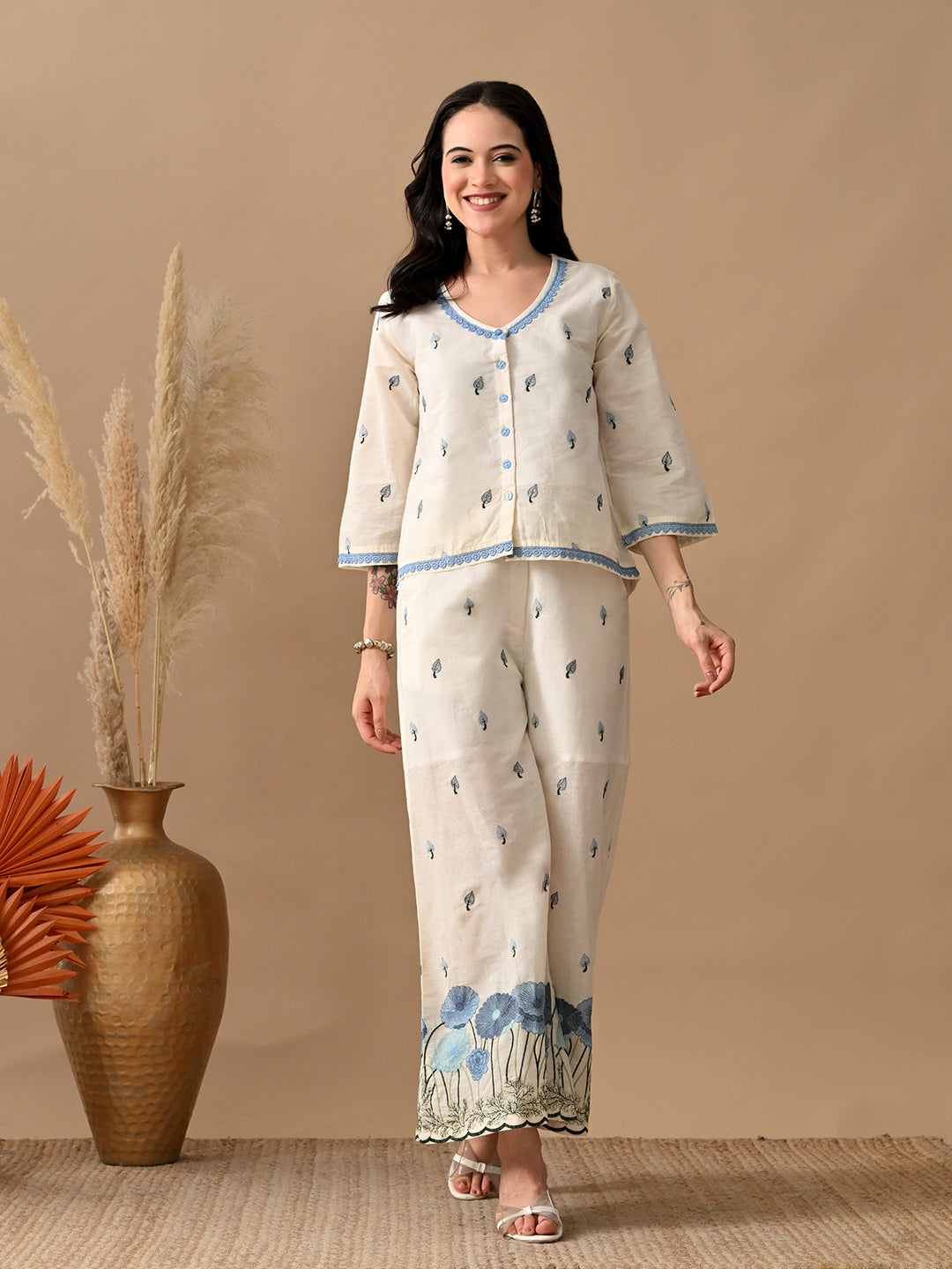 Myshka Women Blue Floral Embroidered & Laced Shirt Trouser Festive