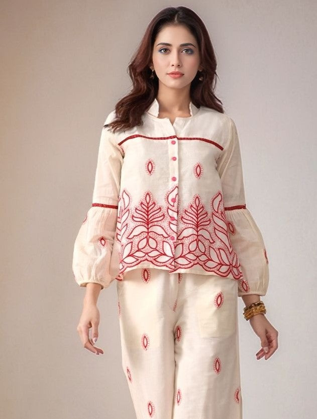 Myshka Women Red Embroidered Ethnic Motif Shirt Puffed Sleeve