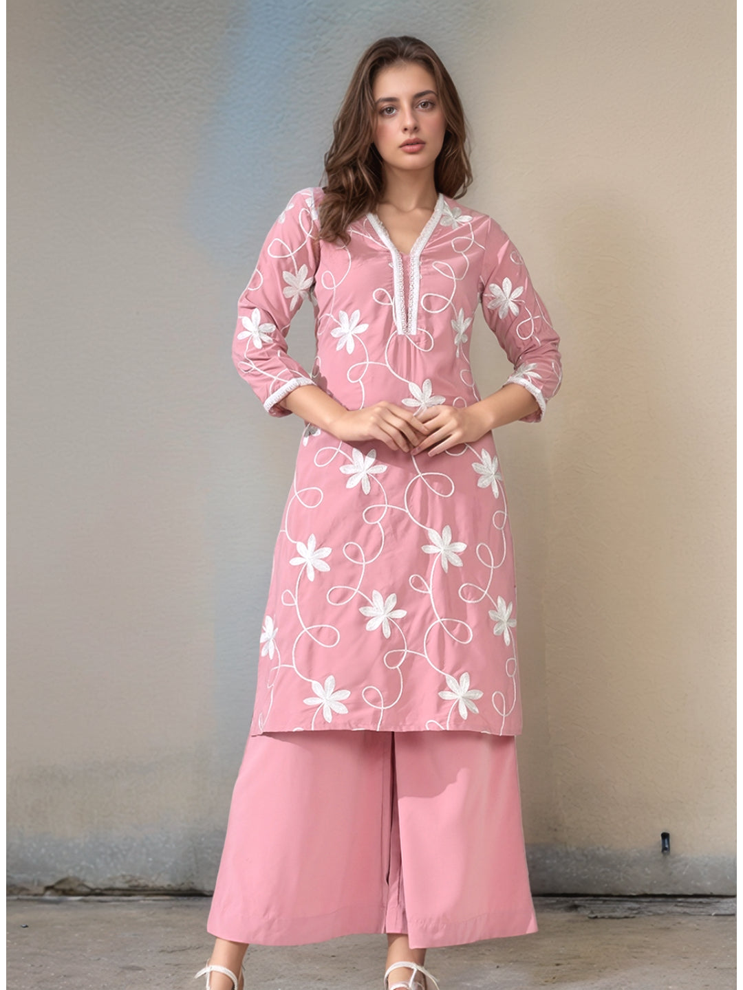 Myshka Women Embroidered Calf Length Pink Kurta With Palazzo